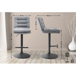 Ensemble de 2 tabourets de bar Damar, en tissu, noir et gris