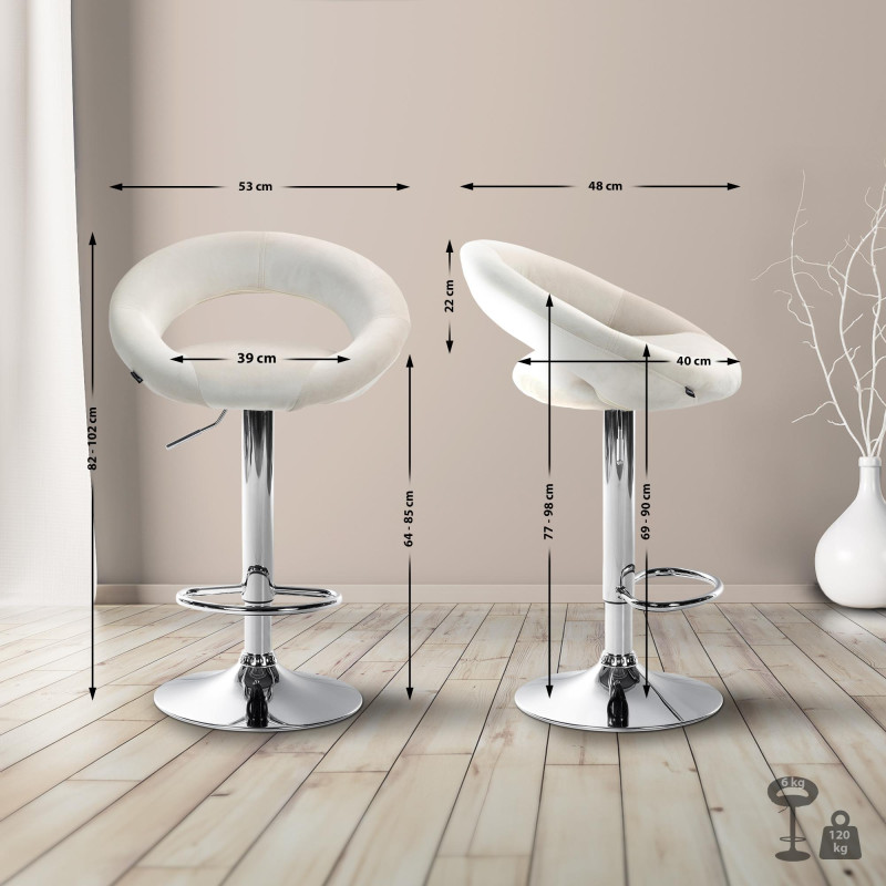 Tabouret de bar Olinda, velours, chrome, crème