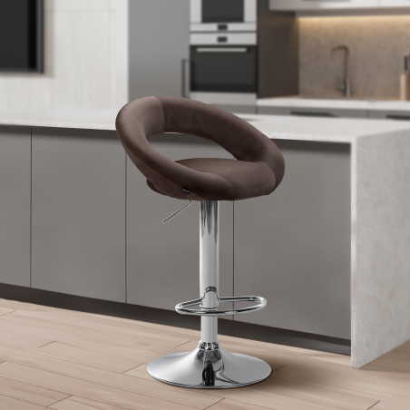Tabouret de bar Olinda, velours, chrome, marron