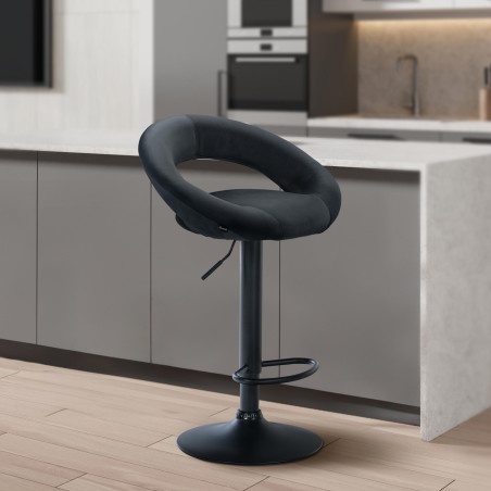 Tabouret de bar Olinda en velours noir et gris foncé