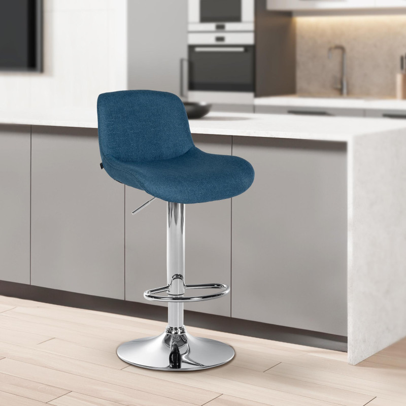 Tabouret de bar Solon, chromé, tissu bleu