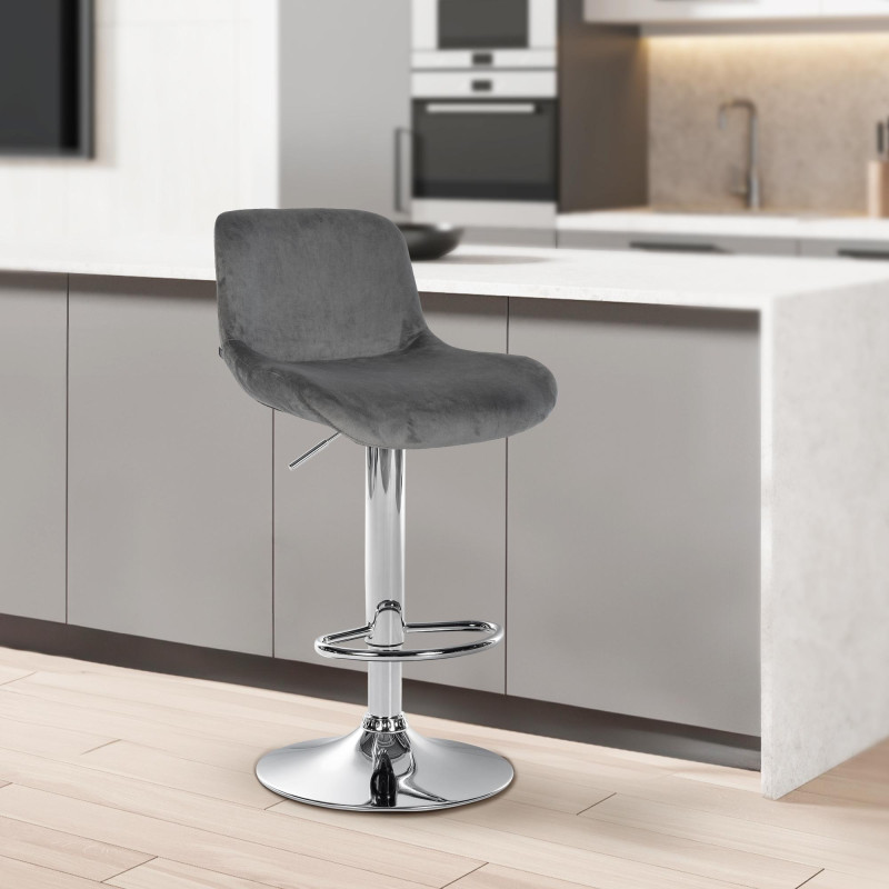 Tabouret de bar Solon en chrome et velours gris foncé