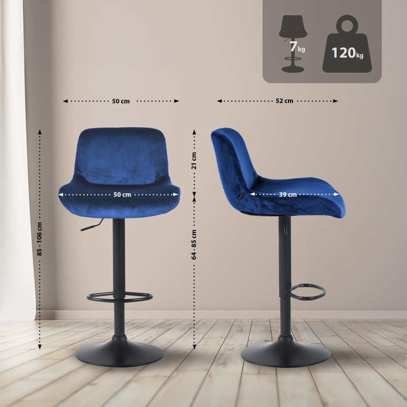 Tabouret de bar Solon, velours noir, bleu