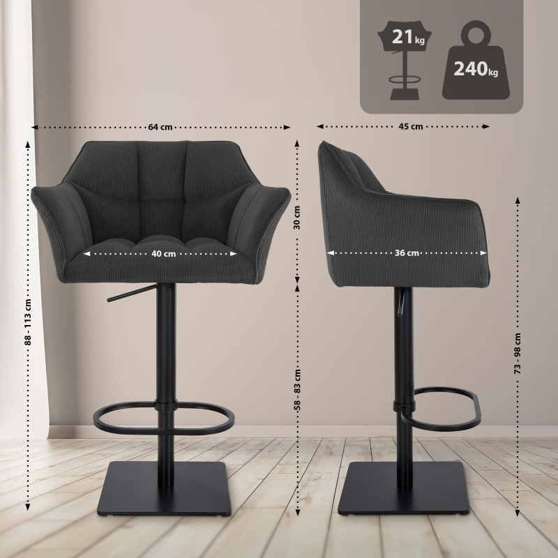 Tabouret de bar Damaso B en velours côtelé, gris foncé