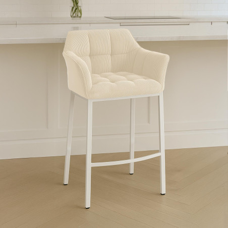 Sgabello da bar Damaso W Cord con struttura a 4 gambe, crema