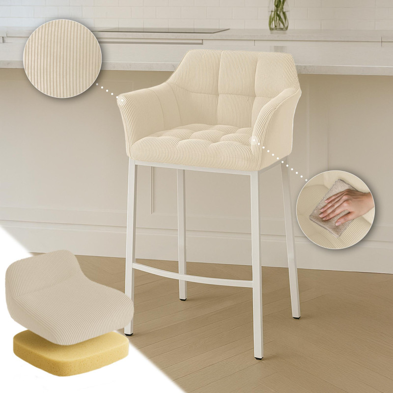 Sgabello da bar Damaso W Cord con struttura a 4 gambe, crema