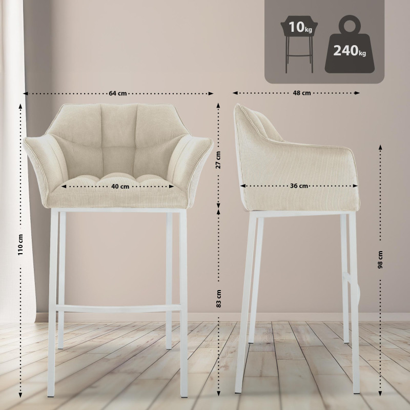 Taburete de bar Damaso W Cord con estructura de 4 patas, color crema