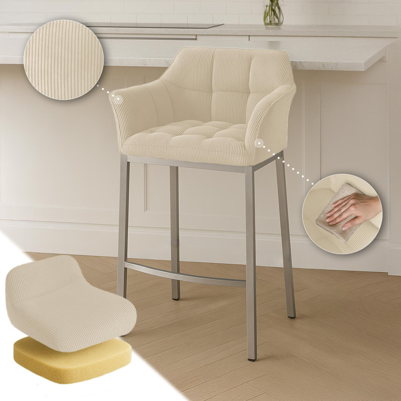 Sgabello da bar Damaso E Cord con struttura a 4 gambe, crema