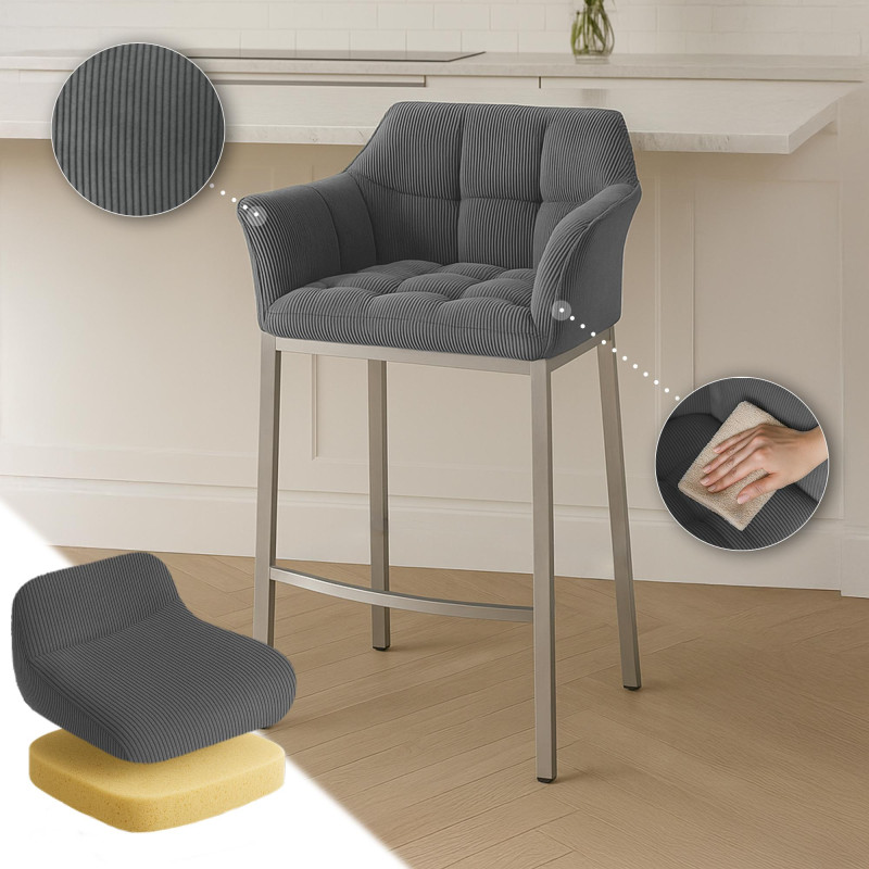 Sgabello da bar Damaso E Cord con struttura a 4 gambe, grigio