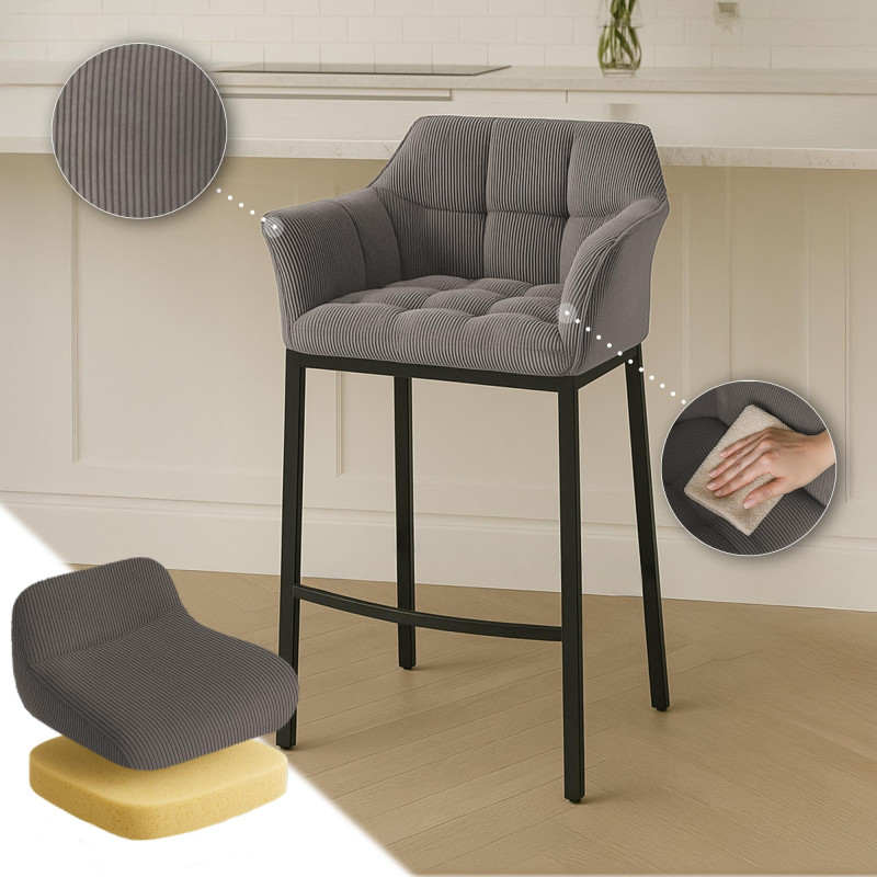 Tabouret de bar Damaso B Cord à piètement 4 pieds, taupe