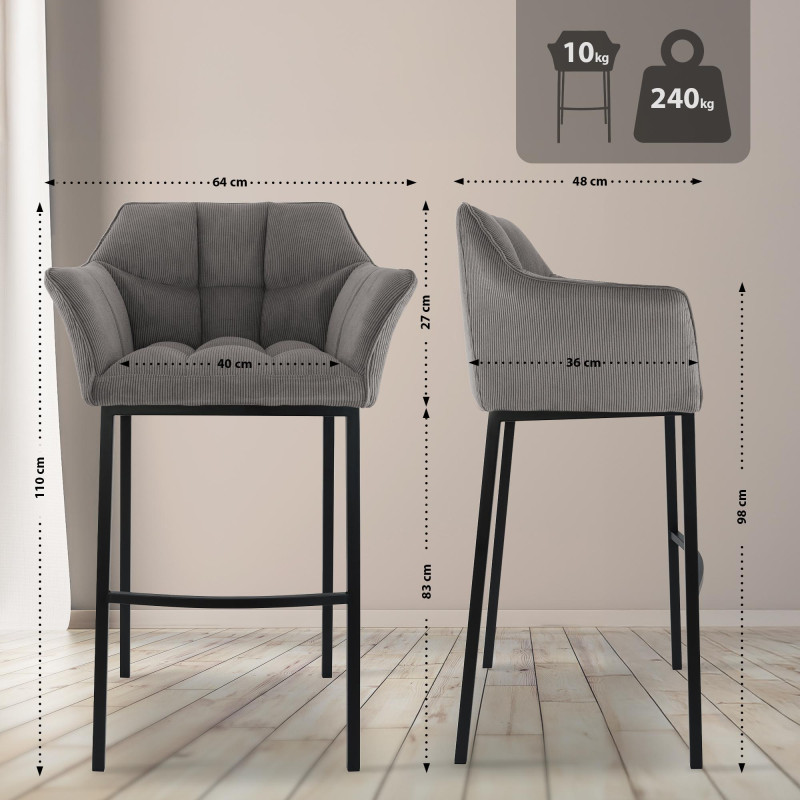 Tabouret de bar Damaso B Cord à piètement 4 pieds, taupe