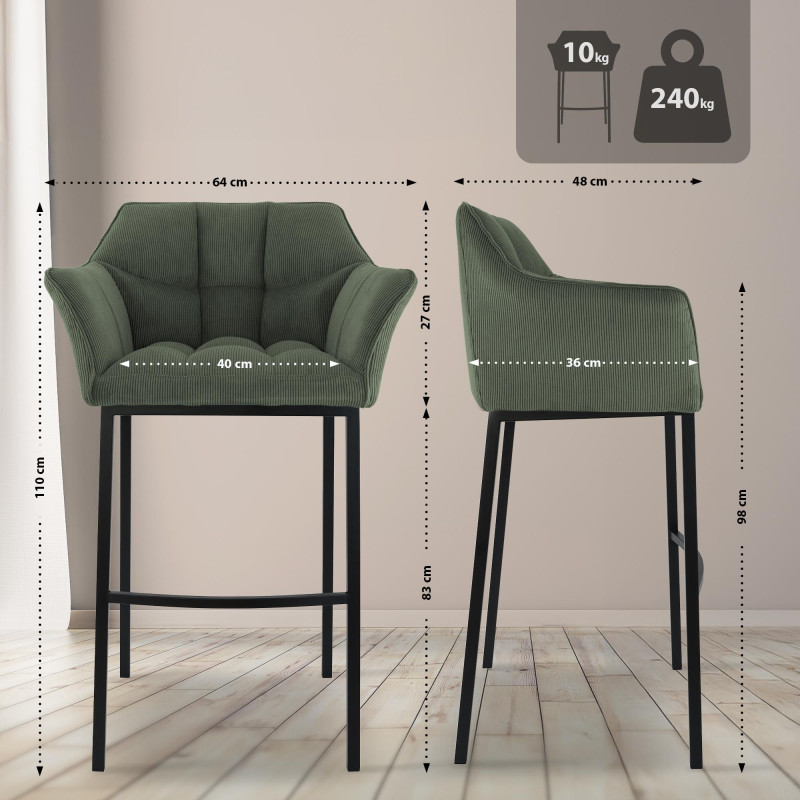 Sgabello da bar Damaso B Cord con struttura a 4 gambe, verde