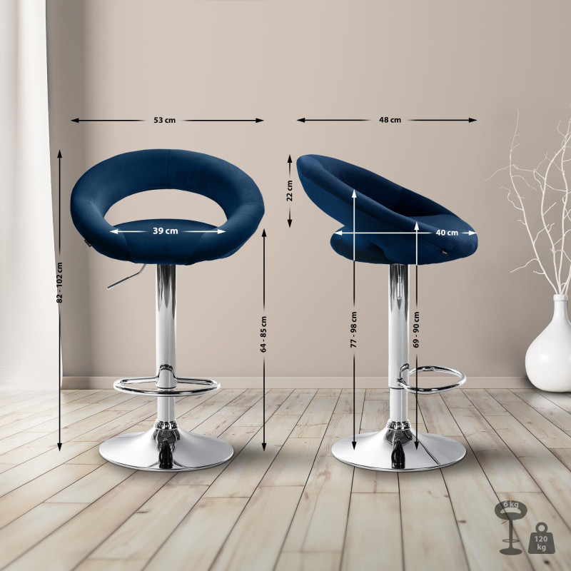 Tabouret de bar Olinda velours chrome bleu