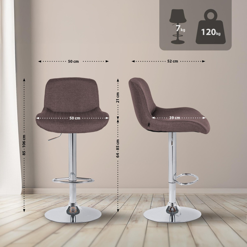 Ensemble de 2 tabourets de bar Solon, chromés, tissu marron foncé