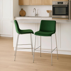 Taburete de bar Hoover de terciopelo, 4 patas, verde cromado