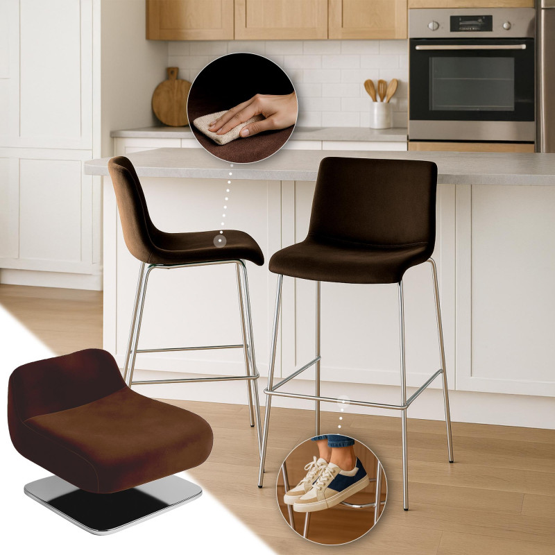 Sgabello da bar in velluto Hoover, 4 gambe, cromato, marrone
