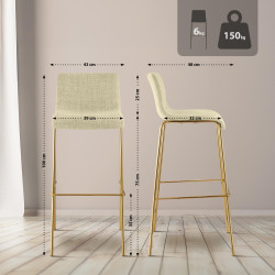Tabouret de bar Hoover, en tissu, à 4 pieds, doré/crème