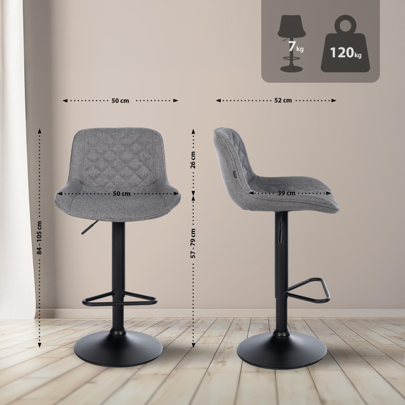 Ensemble de 2 tabourets de bar Kasson, tissu gris foncé