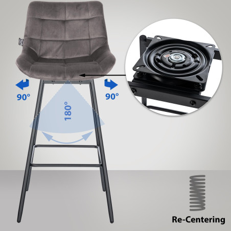 Set di 4 sgabelli da bar girevoli Weston, velluto, grigio