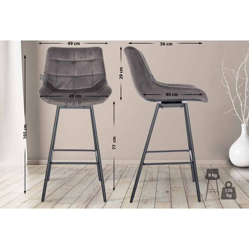 Ensemble de 4 tabourets de bar pivotants Weston, velours, gris