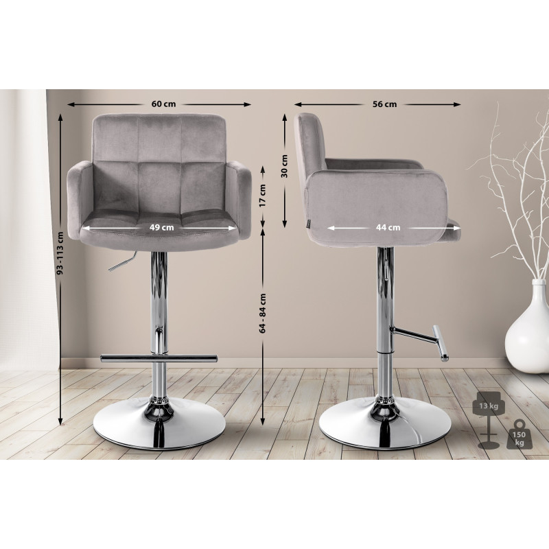 Ensemble de 2 tabourets de bar Los Angeles en velours gris chromé