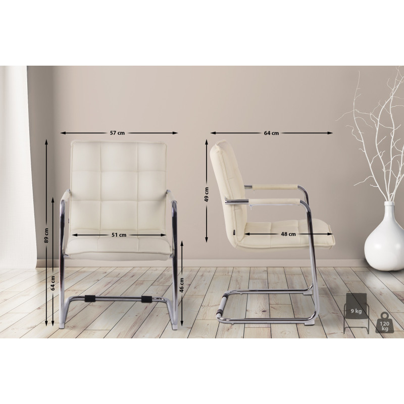 Chaise visiteur Gandia en cuir artificiel chromé crème