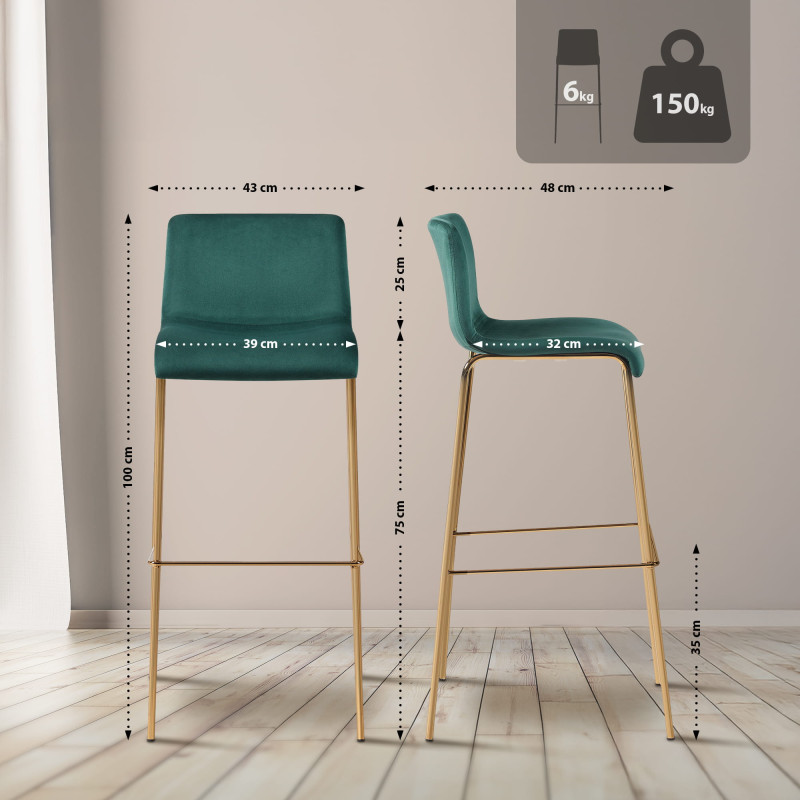 Tabouret de bar 4 pieds en velours Hoover doré et vert