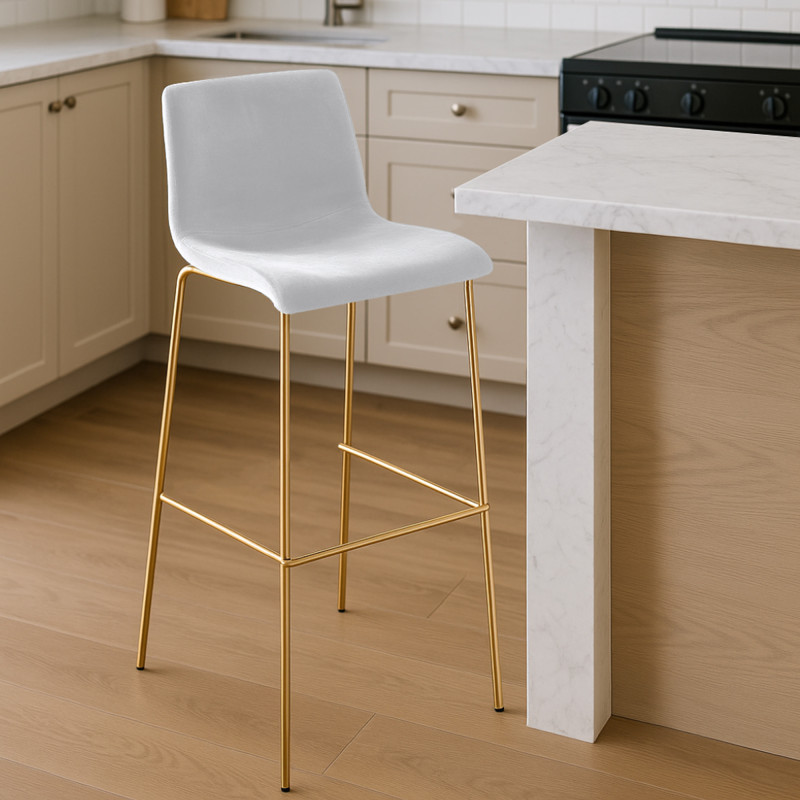 Tabouret de bar 4 pieds en velours Hoover doré crème