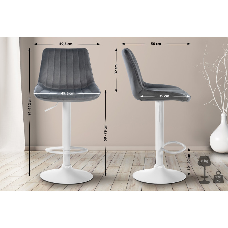 Tabouret de bar Toni velours blanc gris foncé