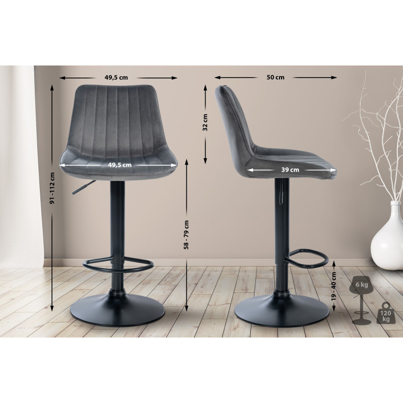 Tabouret de bar Toni velours noir gris foncé
