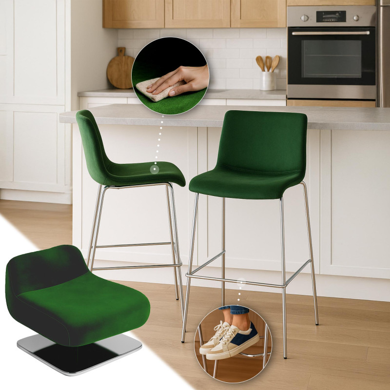 Tabouret de bar 4 pieds en velours Hoover vert chrome