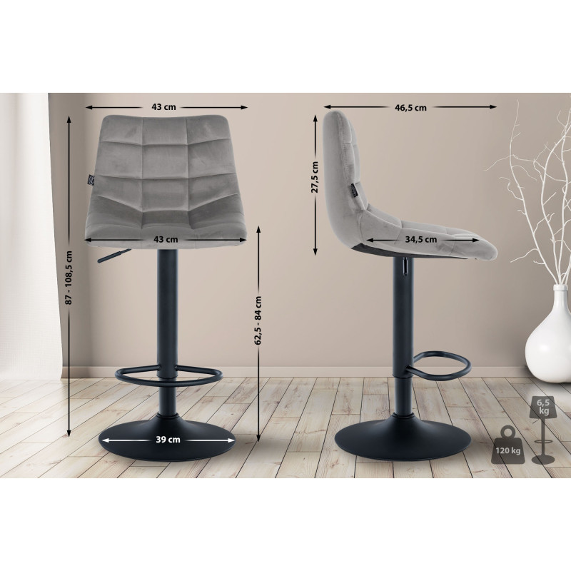 Tabouret de bar Jerry velours noir gris