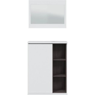 Meuble a chaussures + miroir - MÈlaminÈ blanc et anthracite - 1 porte + 3 niches de rangement - L108 x P11 x H60 cm ADHARA