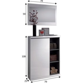 Meuble a chaussures + miroir - MÈlaminÈ blanc et anthracite - 1 porte + 3 niches de rangement - L108 x P11 x H60 cm ADHARA