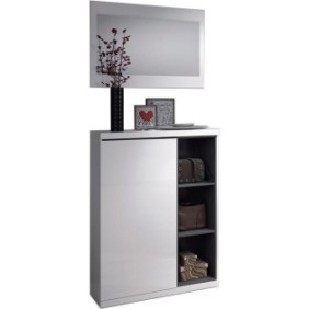 Meuble a chaussures + miroir - MÈlaminÈ blanc et anthracite - 1 porte + 3 niches de rangement - L108 x P11 x H60 cm ADHARA