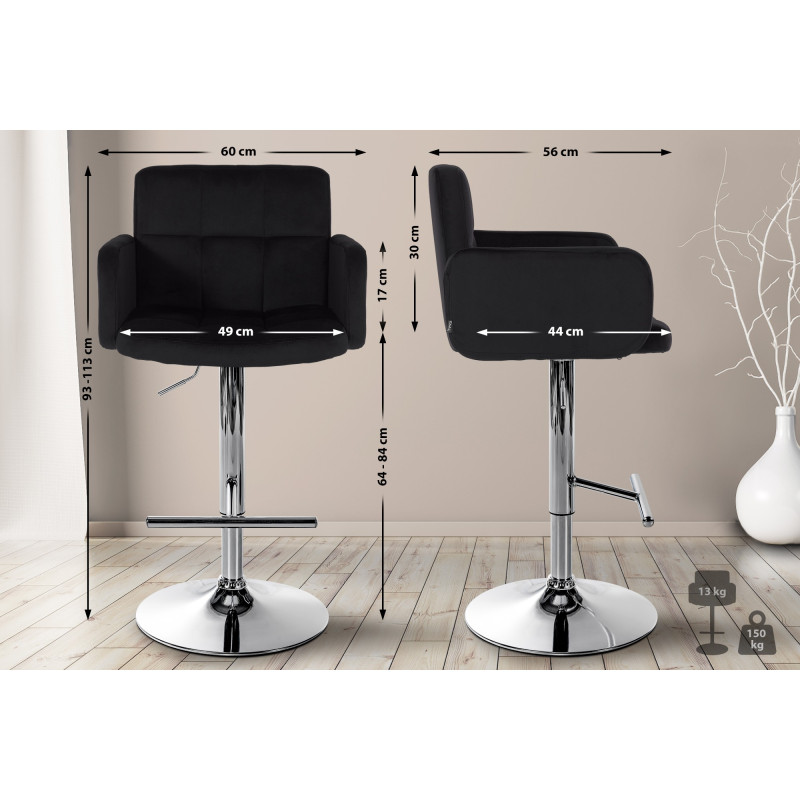Lot de 2 tabourets de bar Los Angeles velours chrome noir