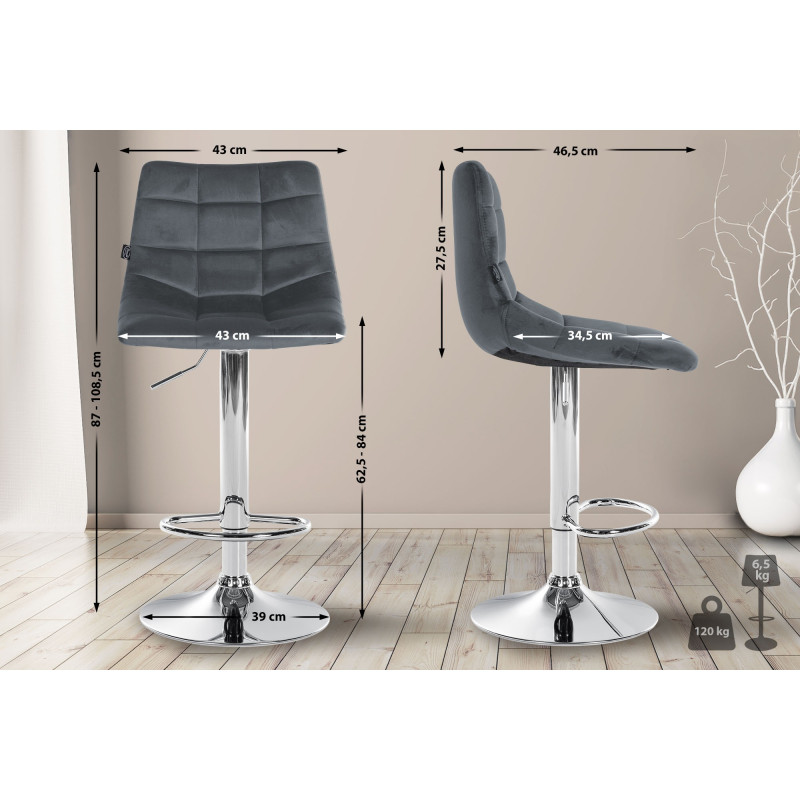 Lot de 2 tabourets de bar Jerry velours chromé gris foncé