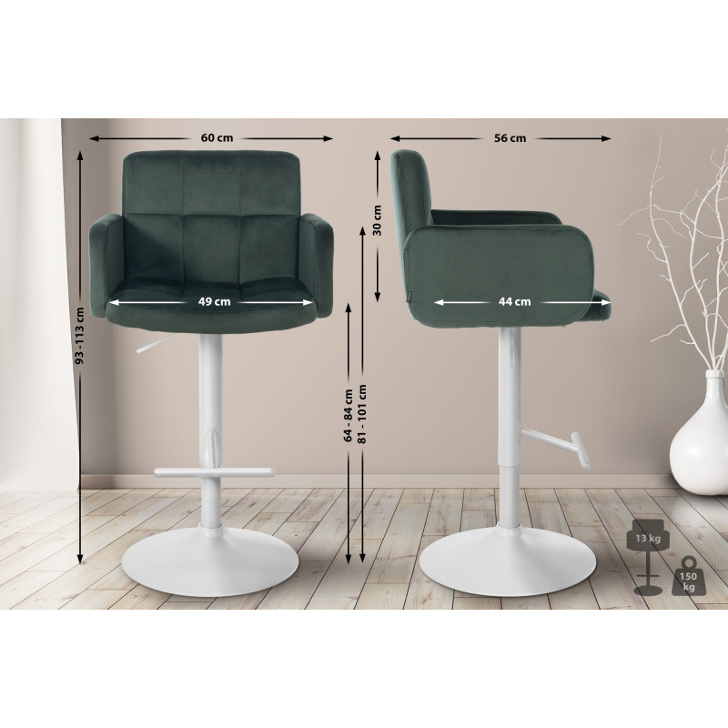 Lot de 2 tabourets de bar Los Angeles velours blanc vert foncé
