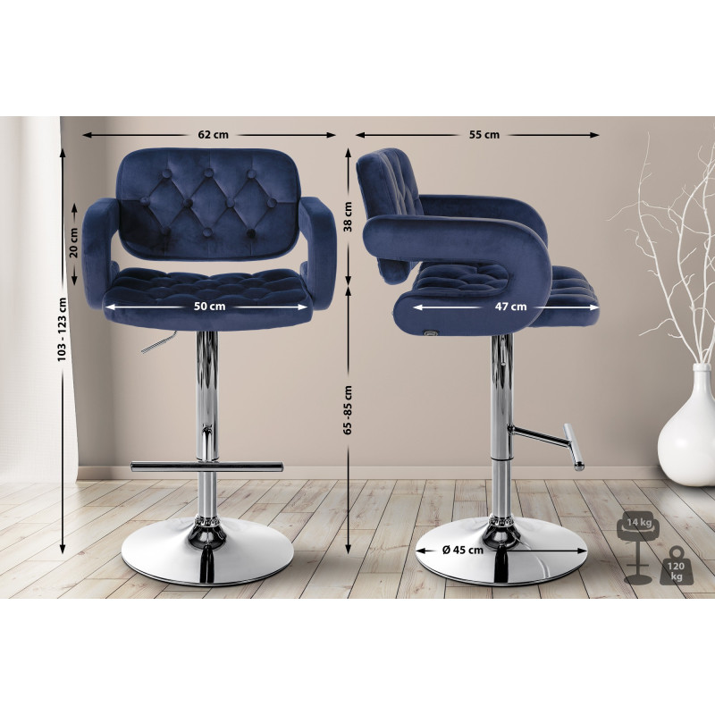 Tabouret de bar Dublin en velours bleu chromé