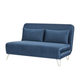 Banquette convertible 2 places - Velours Bleu pieds dorÈ - Style scandinave - L 130 x P 90 x H 81 cm - DEPLO