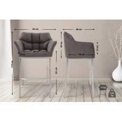 Tabouret de bar Damaso E en tissu avec structure à 4 pieds gris