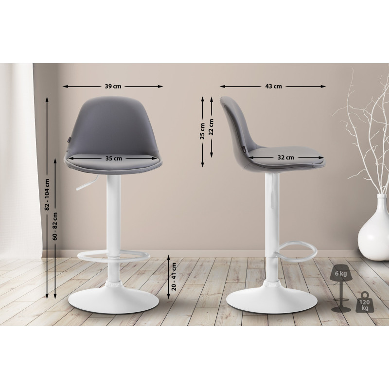 Tabouret de bar Kiel entièrement rembourré en similicuir blanc gris