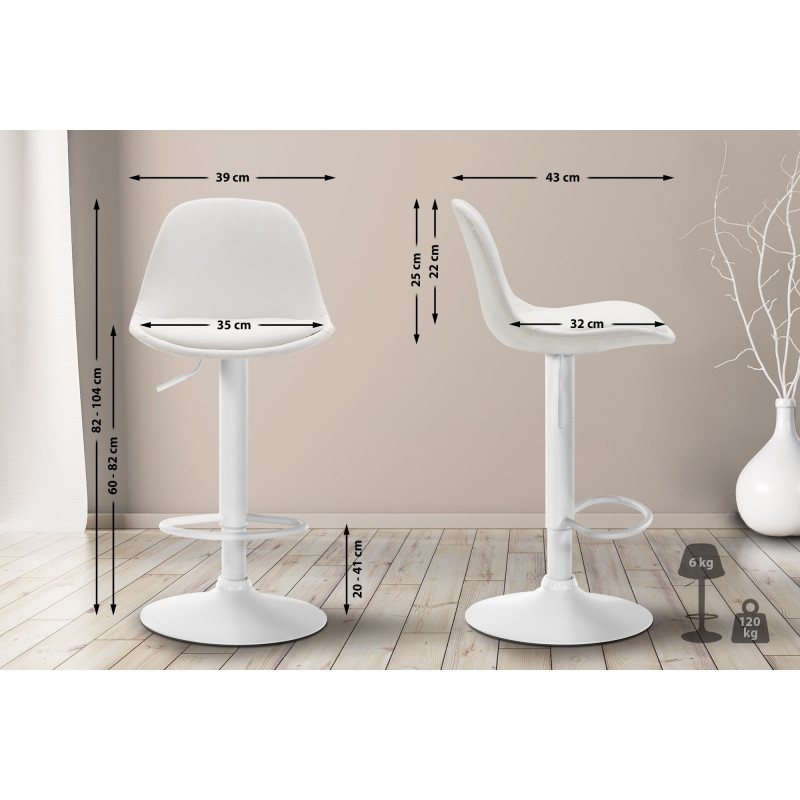 Tabouret de bar Kiel entièrement rembourré en similicuir blanc