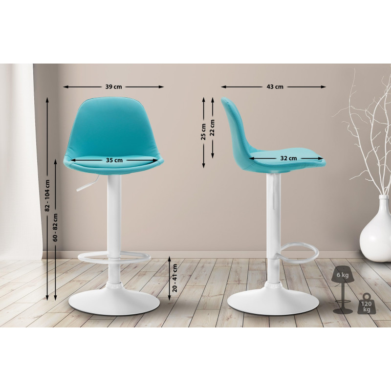 Tabouret de bar Kiel entièrement rembourré en similicuir blanc bleu