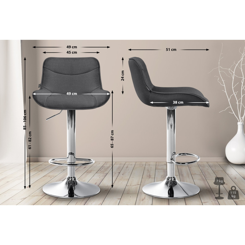 Lot de 2 tabourets de bar Vonore tissu chrome gris foncé