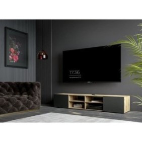 Meuble TV PILVI - Style contemporain- DÈcor Chene et noir - 2 Portes + 4 niches - L 180 x P 42 x H 37 cm