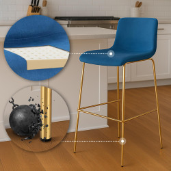 Tabouret de bar Hoover en velours de 4 pieds, doré et bleu