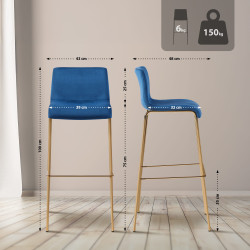 Tabouret de bar Hoover en velours de 4 pieds, doré et bleu