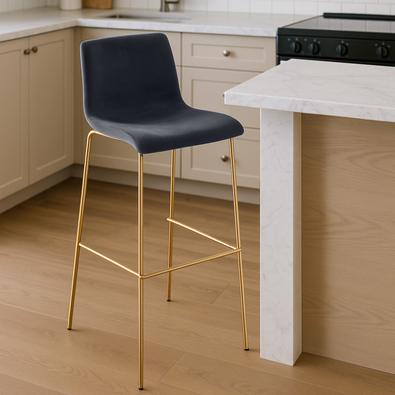 Tabouret de bar Hoover en velours à 4 pieds, doré et noir
