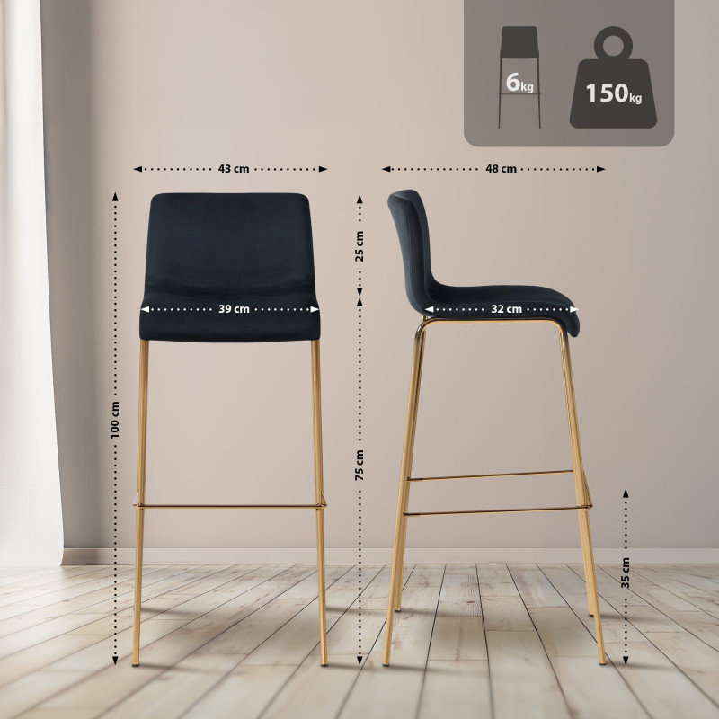 Tabouret de bar Hoover en velours à 4 pieds, doré et noir